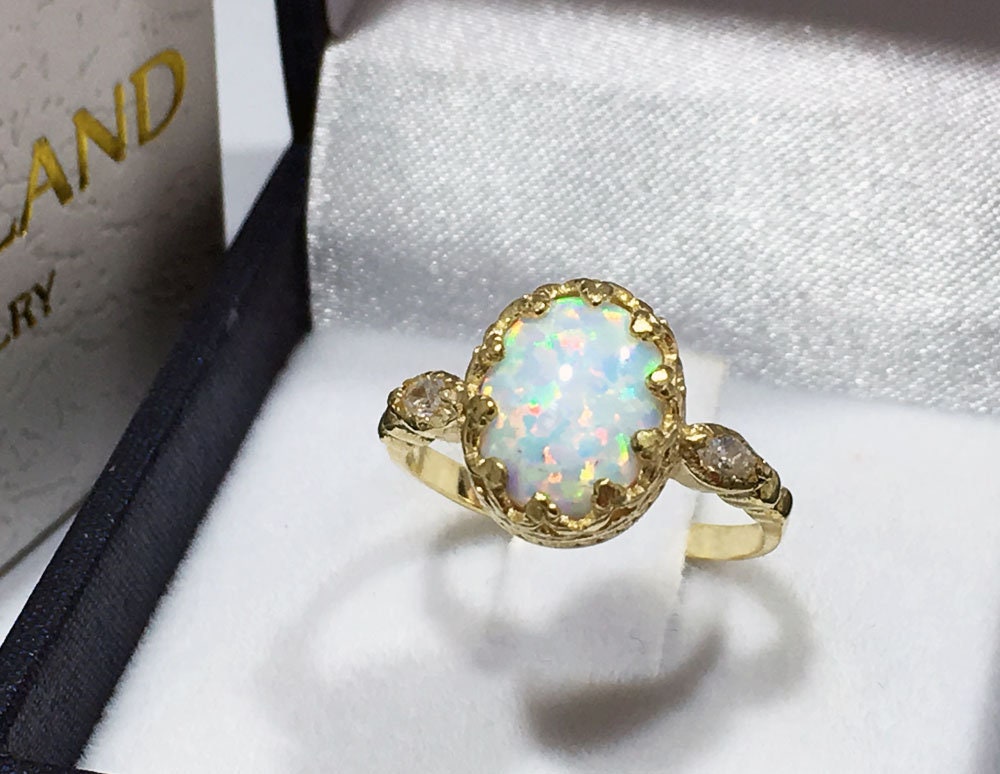 White Opal Vintage Oval Crown Ring with Clear Quartz Accents - H.L.Jewelry