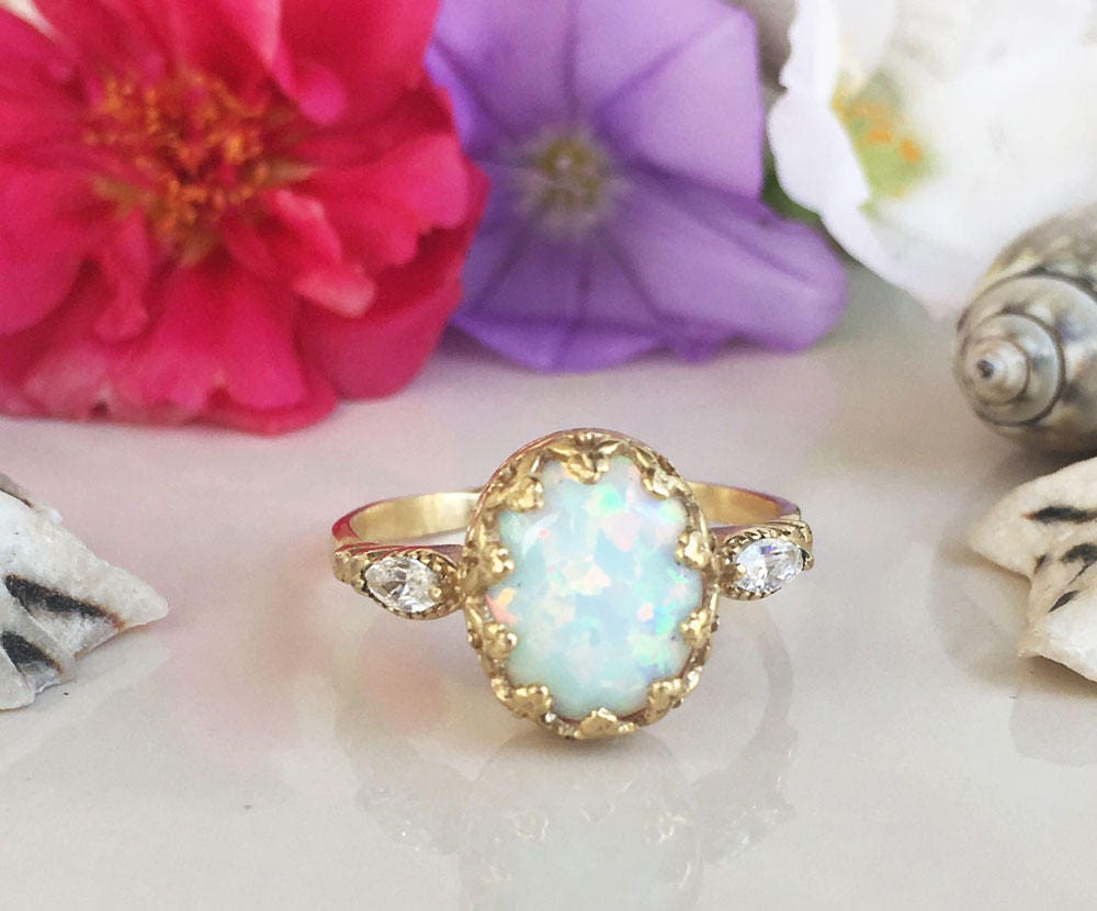 White Opal Vintage Oval Crown Ring with Clear Quartz Accents - H.L.Jewelry