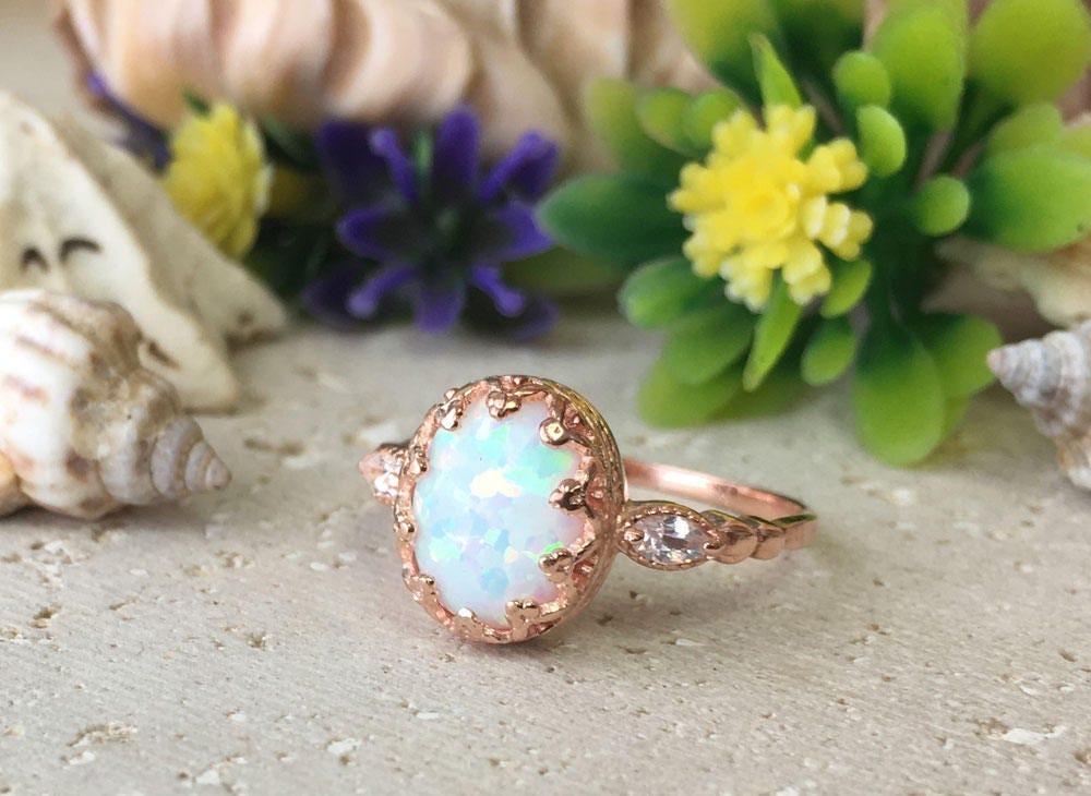 White Opal Vintage Oval Crown Ring with Clear Quartz Accents - H.L.Jewelry