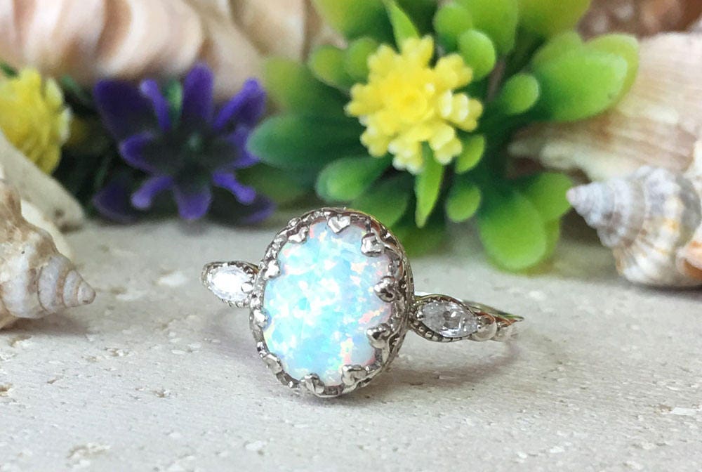 White Opal Vintage Oval Crown Ring with Clear Quartz Accents - H.L.Jewelry