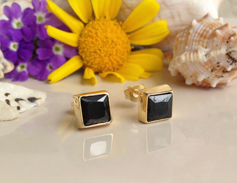 Black Onyx Earrings - December Birthstone Jewelry - Black Onyx Gemstone Simple Square Stud Earrings - H.L.Jewelry