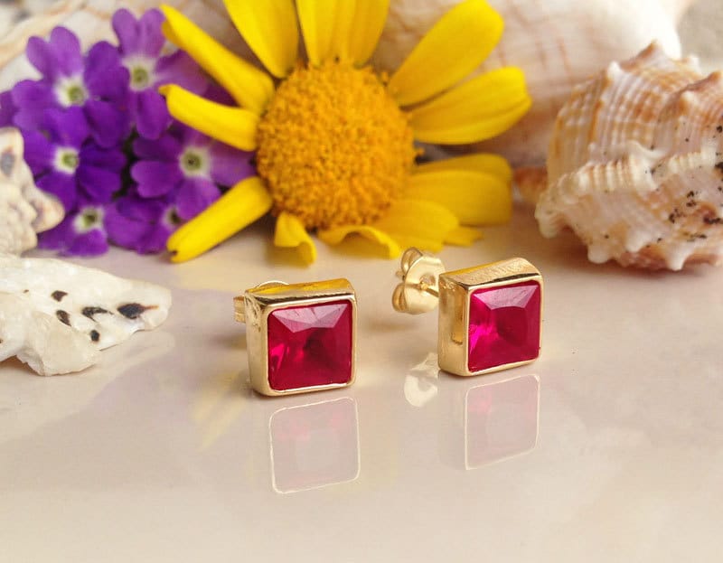 Ruby Earrings - July Birthstone Jewelry - Simple Square Stud Earrings with Ruby Gemstones - H.L.Jewelry