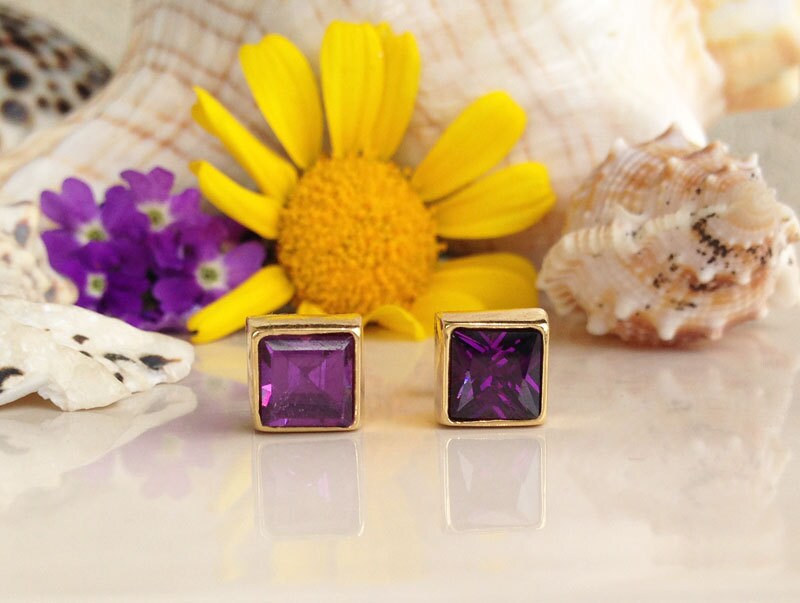 Purple Amethyst Earrings - February Birthstone - Purple Amethyst Gemstone Square Stud Earrings - H.L.Jewelry