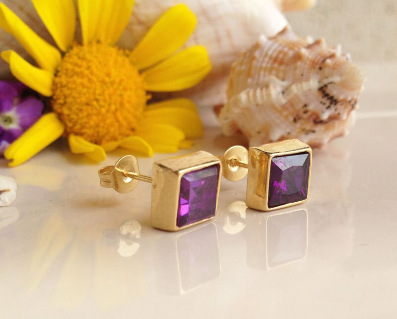 Purple Amethyst Earrings - February Birthstone - Purple Amethyst Gemstone Square Stud Earrings - H.L.Jewelry