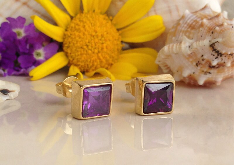 Purple Amethyst Earrings - February Birthstone - Purple Amethyst Gemstone Square Stud Earrings - H.L.Jewelry