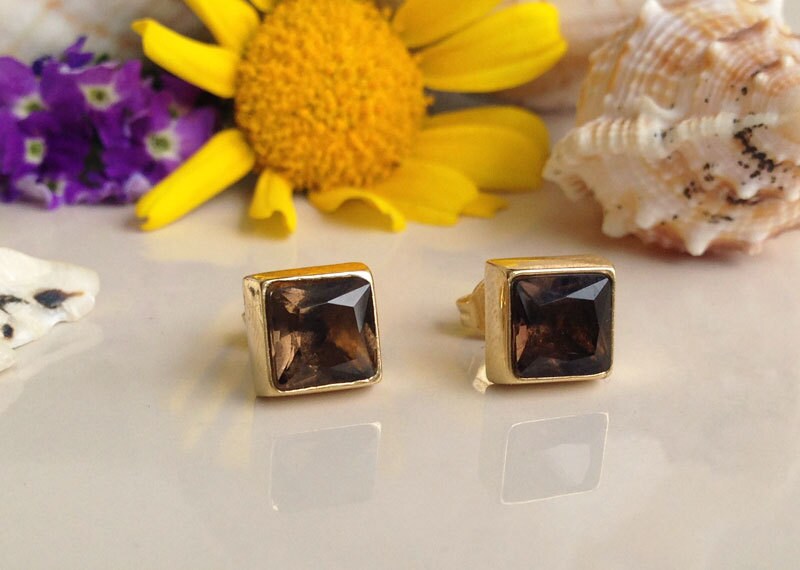 Smoky Quartz Earrings - Smoky Quartz Gemstone Simple Square Stud Earrings - H.L.Jewelry