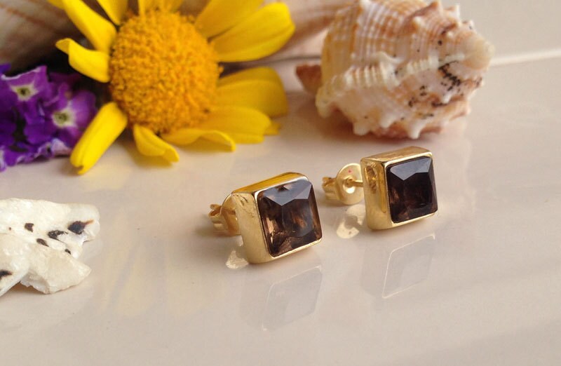 Smoky Quartz Earrings - Smoky Quartz Gemstone Simple Square Stud Earrings - H.L.Jewelry