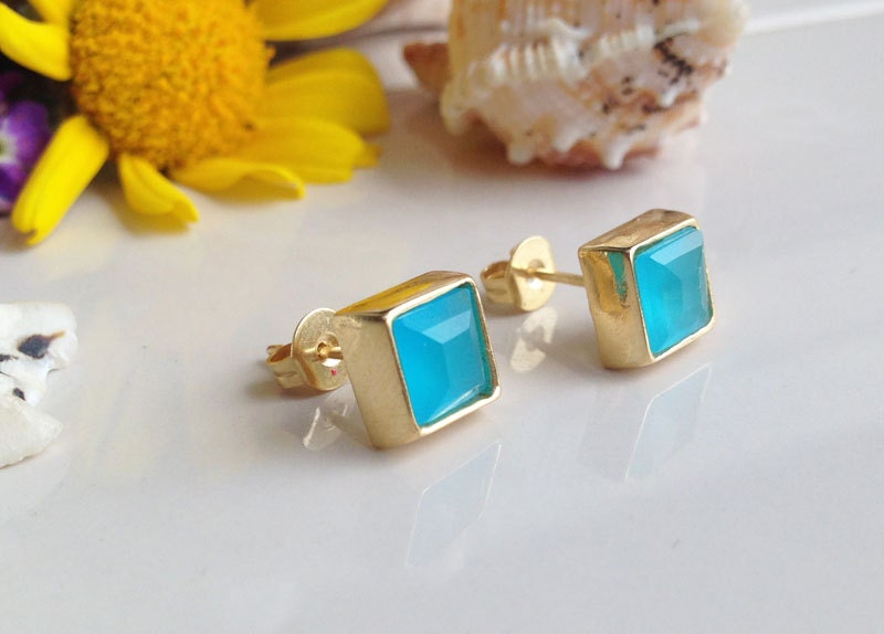 Blue Chalcedony Earrings - Simple Square Stud Earrings with Blue Chalcedony Gemstones - H.L.Jewelry