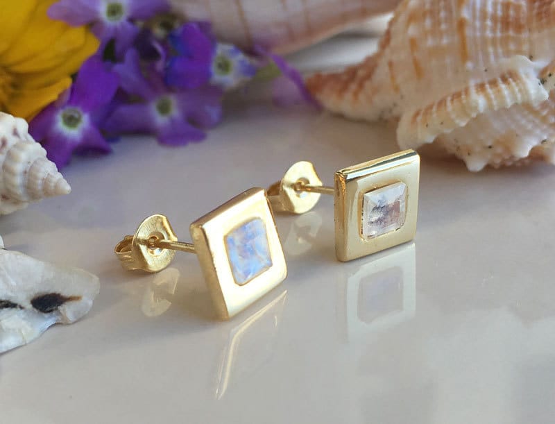 Rainbow Moonstone Earrings - June Birthstone Jewelry - Rainbow Moonstone Simple Square Stud Earrings - H.L.Jewelry