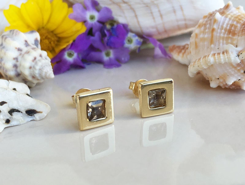 Smoky Quartz Earrings - Smoky Quartz Gemstone Simple Square Stud Earrings - H.L.Jewelry