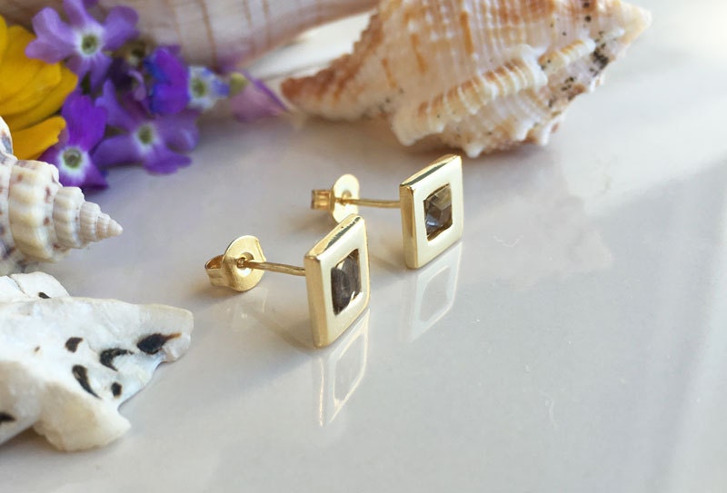 Smoky Quartz Earrings - Smoky Quartz Gemstone Simple Square Stud Earrings - H.L.Jewelry