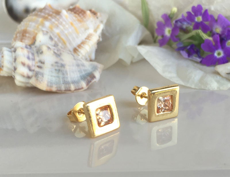 Citrine Earrings - November Birthstone - Simple Square Stud Earrings with Citrine Gemstones - H.L.Jewelry