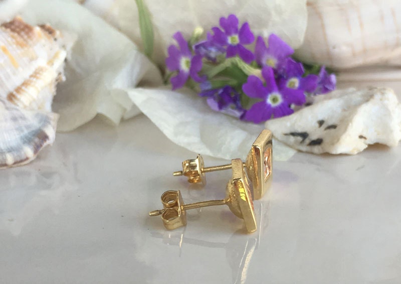 Citrine Earrings - November Birthstone - Simple Square Stud Earrings with Citrine Gemstones - H.L.Jewelry