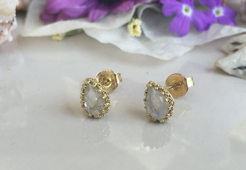 Rainbow Moonstone Earrings - June Birthstone Jewelry - Small Stud Earrings with Pear Shape Rainbow Moonstones - H.L.Jewelry