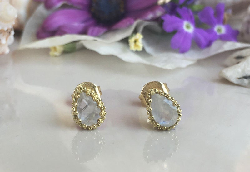 Rainbow Moonstone Earrings - June Birthstone Jewelry - Small Stud Earrings with Pear Shape Rainbow Moonstones - H.L.Jewelry