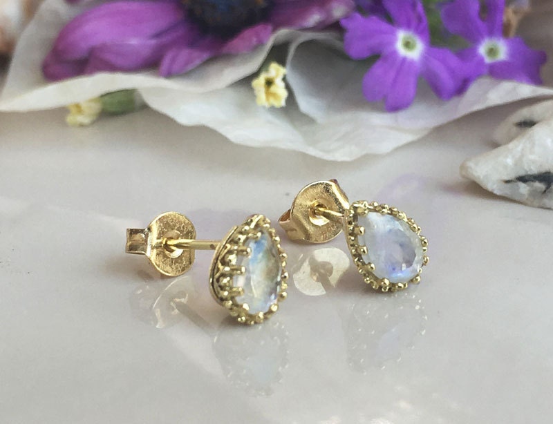 Rainbow Moonstone Earrings - June Birthstone Jewelry - Small Stud Earrings with Pear Shape Rainbow Moonstones - H.L.Jewelry