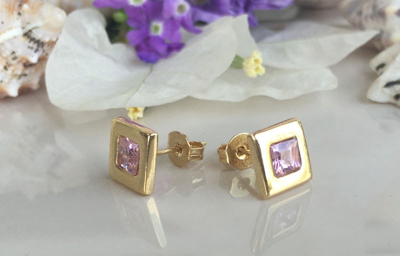 Rose Quartz Earrings - October Birthstone Jewelry - Simple Square Stud Earrings with Rose Quartz Gemstones - H.L.Jewelry