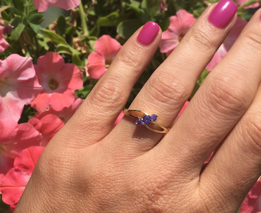 Amethyst Ring - February Birthstone - Lovely Ring with Three Round Purple Amethyst Stones - H.L.Jewelry