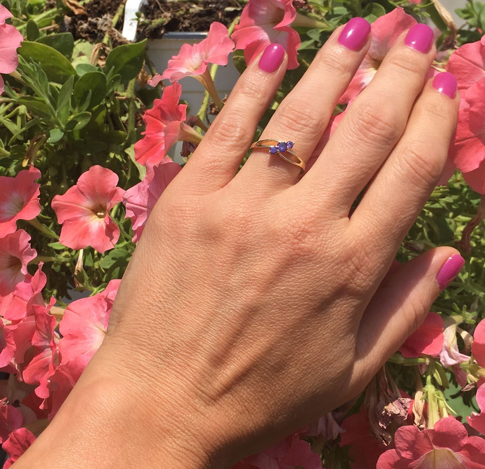 Amethyst Ring - February Birthstone - Lovely Ring with Three Round Purple Amethyst Stones - H.L.Jewelry