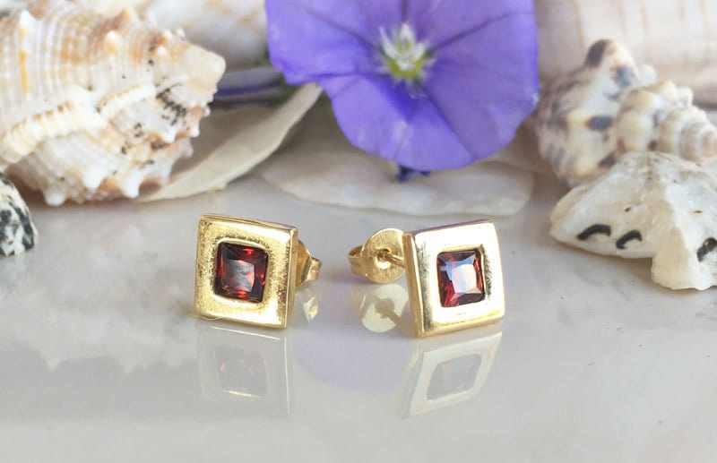 Red Garnet Earrings - January Birthstone - Simple Square Stud Earrings with Red Garnet Gemstones - H.L.Jewelry