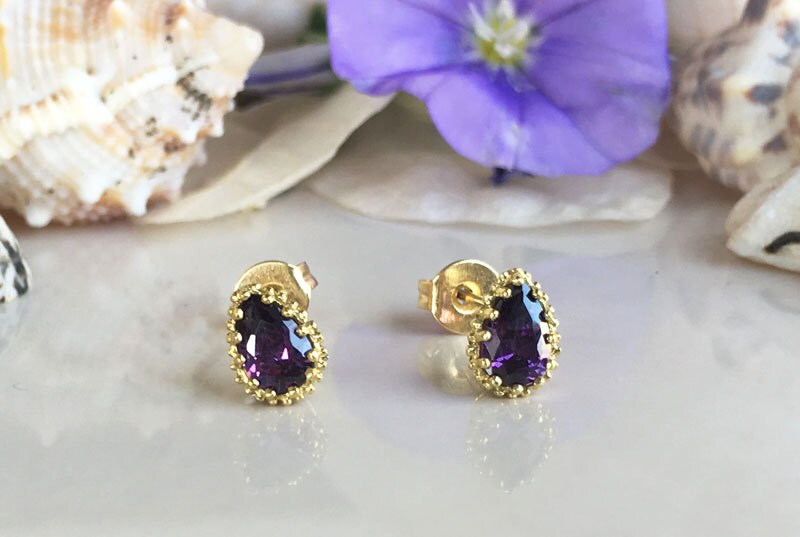 Amethyst Earrings - February Birthstone - Pear Amethyst Stud Earrings - H.L.Jewelry