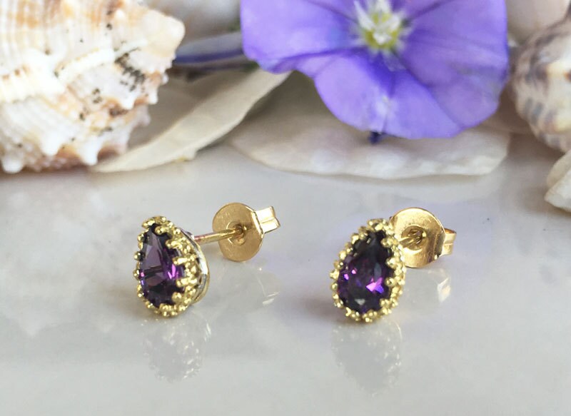 Amethyst Earrings - February Birthstone - Pear Amethyst Stud Earrings - H.L.Jewelry