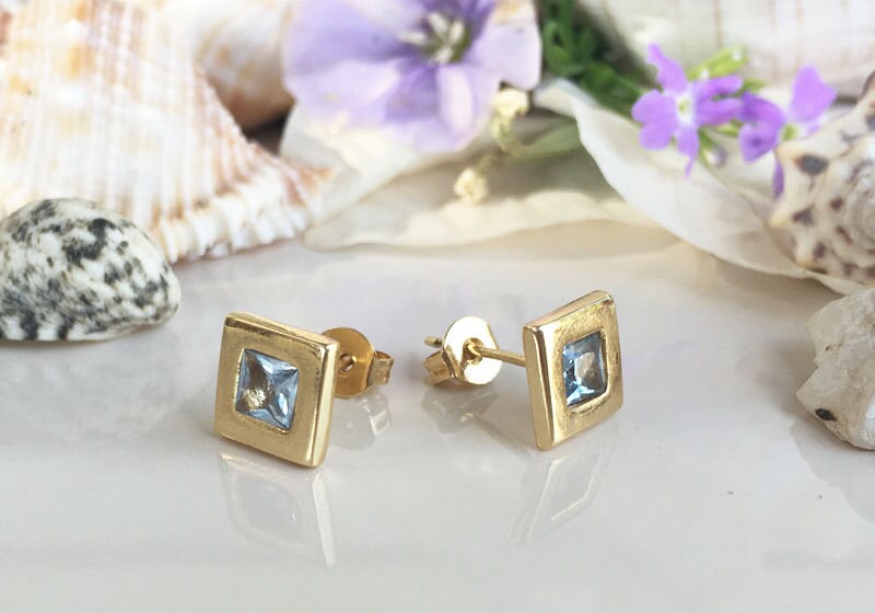 Blue Topaz Earrings - December Birthstone - Simple Square Stud Earrings with Blue Topaz Gemstones - H.L.Jewelry