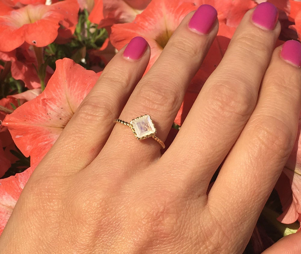 Rainbow Moonstone Ring - Gold Ring - Square Band - Genuine Gemstone - Stacking Ring - June Ring - Simple Jewery - Twist Ring - Bezel Ring - H.L.Jewelry