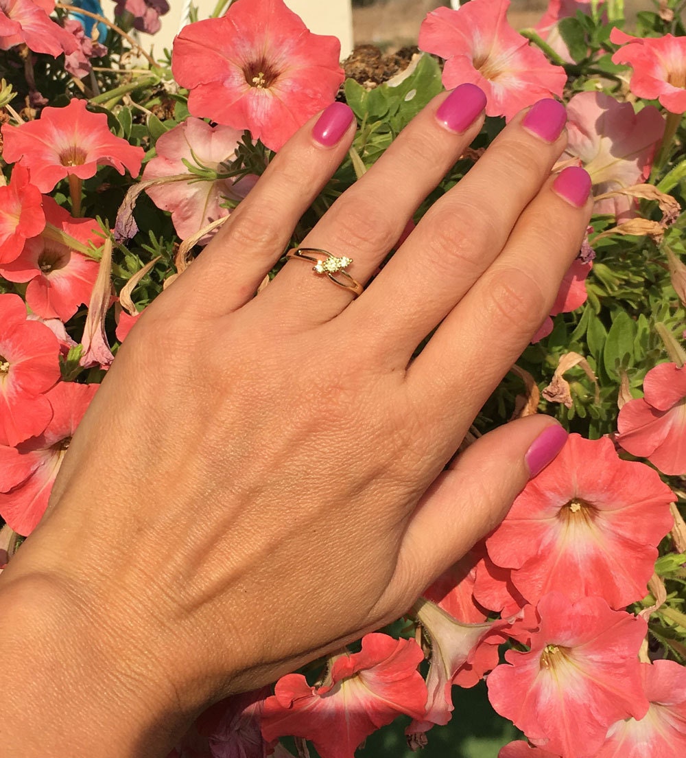 Citrine Ring - November Birthstone -  Delicate Ring with Diagonally Placed Three Round Yellow Citrine Gemstones - H.L.Jewelry