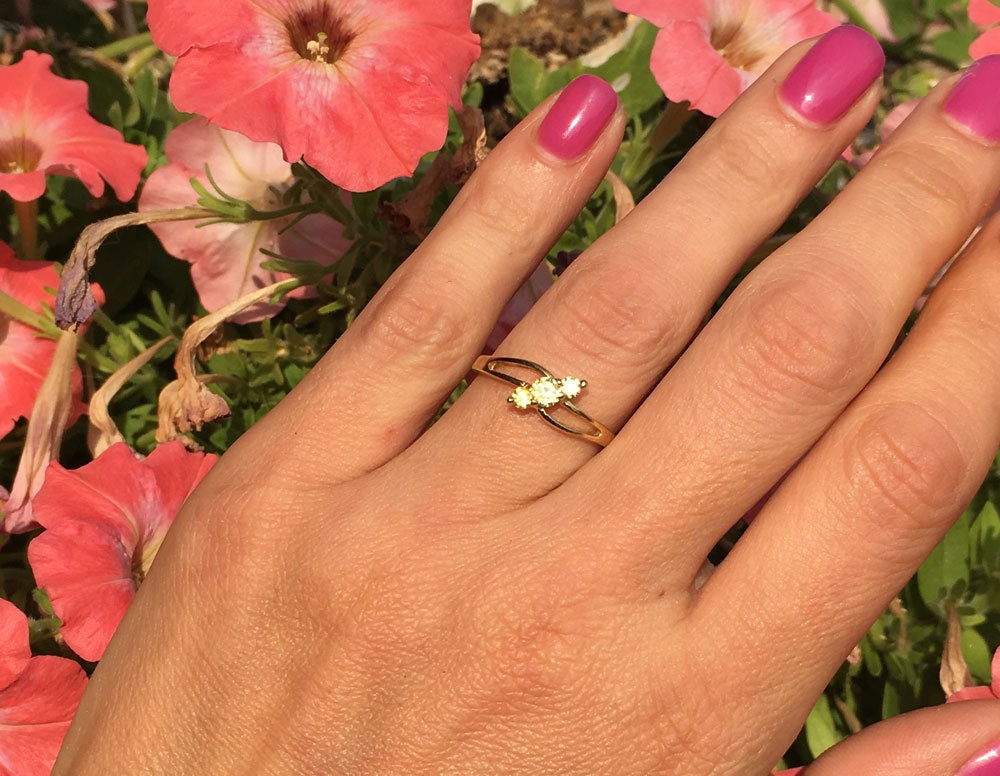 Citrine Ring - November Birthstone -  Delicate Ring with Diagonally Placed Three Round Yellow Citrine Gemstones - H.L.Jewelry