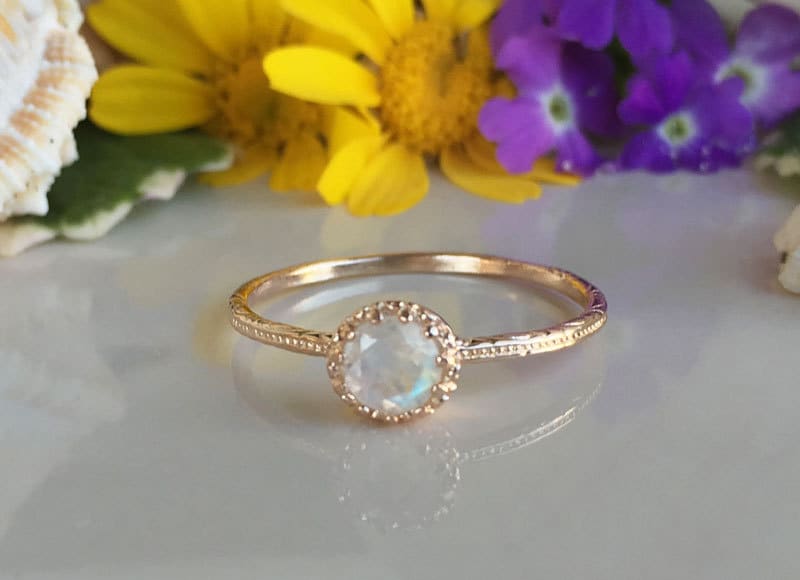 Rainbow Moonstone Ring - June Birthstone - Delicate Hammered Ring with Round Rainbow Moonstone - H.L.Jewelry