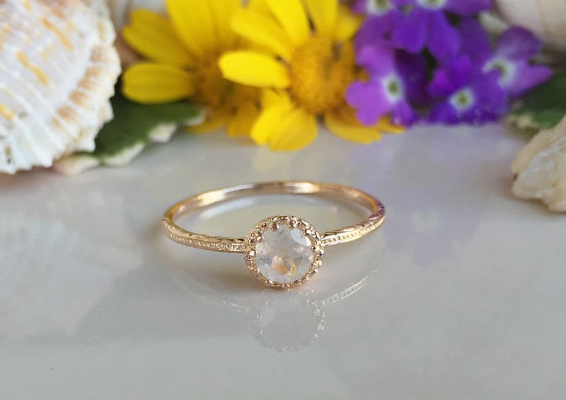 Rainbow Moonstone Ring - June Birthstone - Delicate Hammered Ring with Round Rainbow Moonstone - H.L.Jewelry