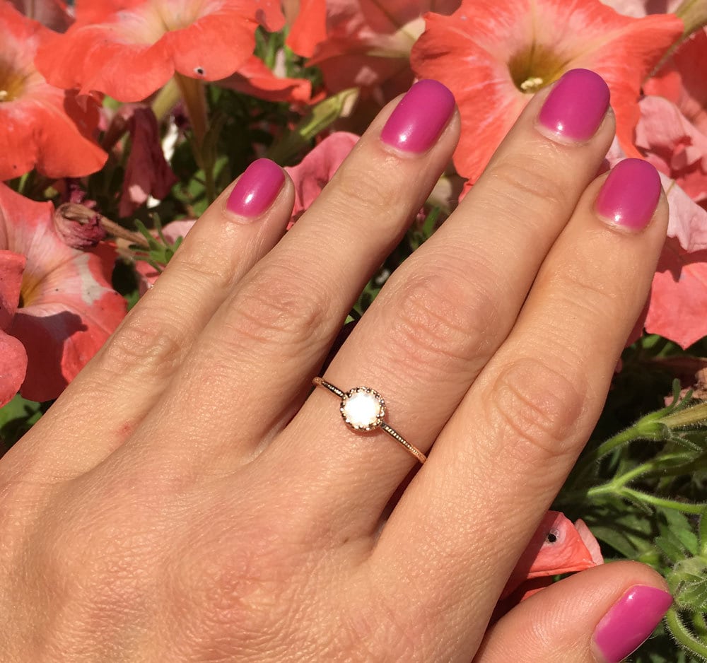 Rainbow Moonstone Ring - June Birthstone - Delicate Hammered Ring with Round Rainbow Moonstone - H.L.Jewelry