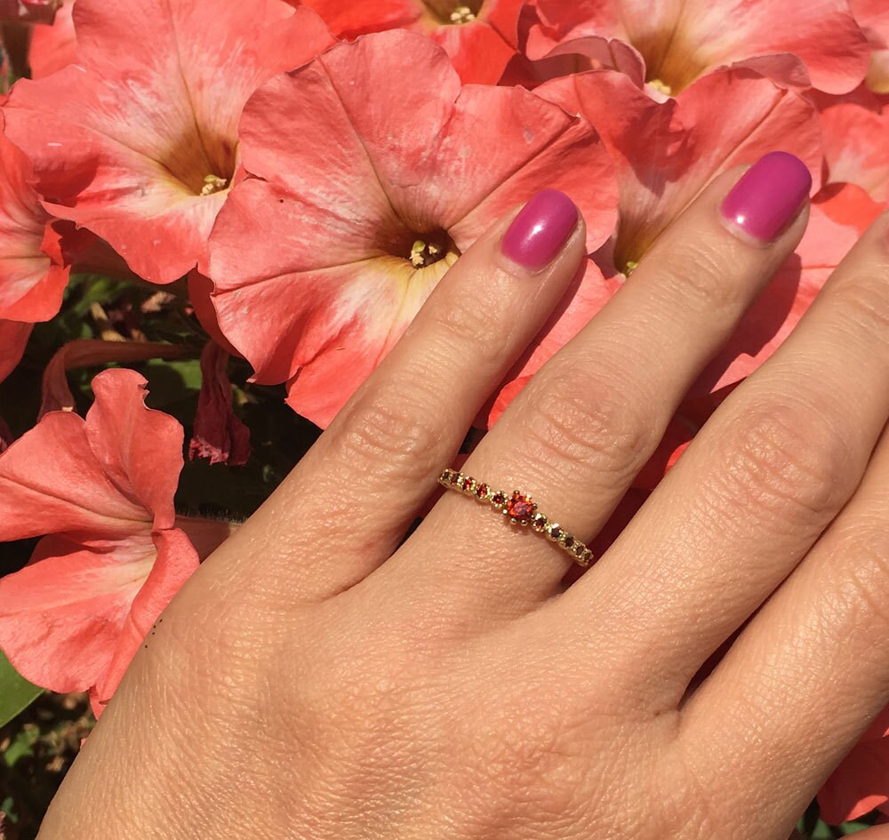 Red Garnet Ring - January Ring - Half Eternity Ring - Stack Ring - Bezel Ring - Tiny Ring - Simple Ring - H.L.Jewelry