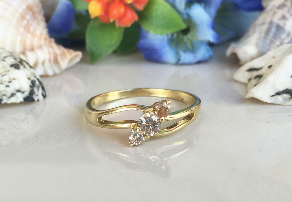 Citrine Ring - November Birthstone - Delicate Ring with Diagonally Placed Three Round Citrine Gemstones - H.L.Jewelry