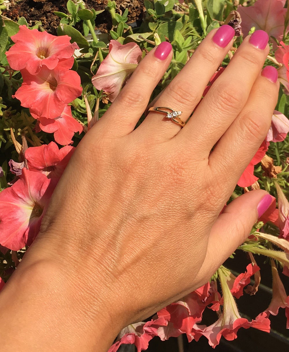 Citrine Ring - November Birthstone - Delicate Ring with Diagonally Placed Three Round Citrine Gemstones - H.L.Jewelry