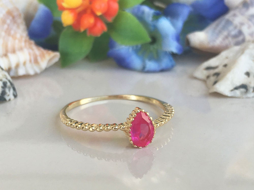 Ruby Ring - July Birthstone - Stacking Ring - Gemstone Ring - Bezel Ring - Teardrop Ring - Simple Ring - H.L.Jewelry