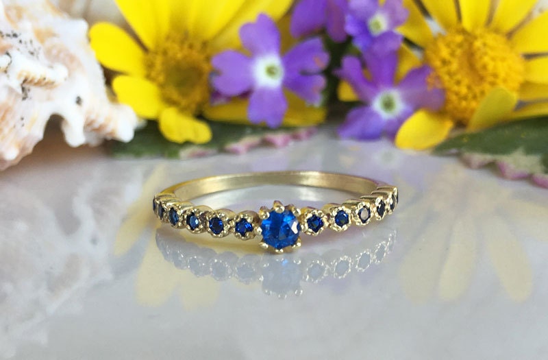 Blue Sapphire Ring - September Birthstone - Delicate Stacking Ring with Thirteen Round Blue Sapphire Gemstones - H.L.Jewelry