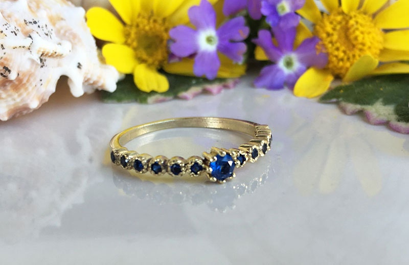 Blue Sapphire Ring - September Birthstone - Delicate Stacking Ring with Thirteen Round Blue Sapphire Gemstones - H.L.Jewelry