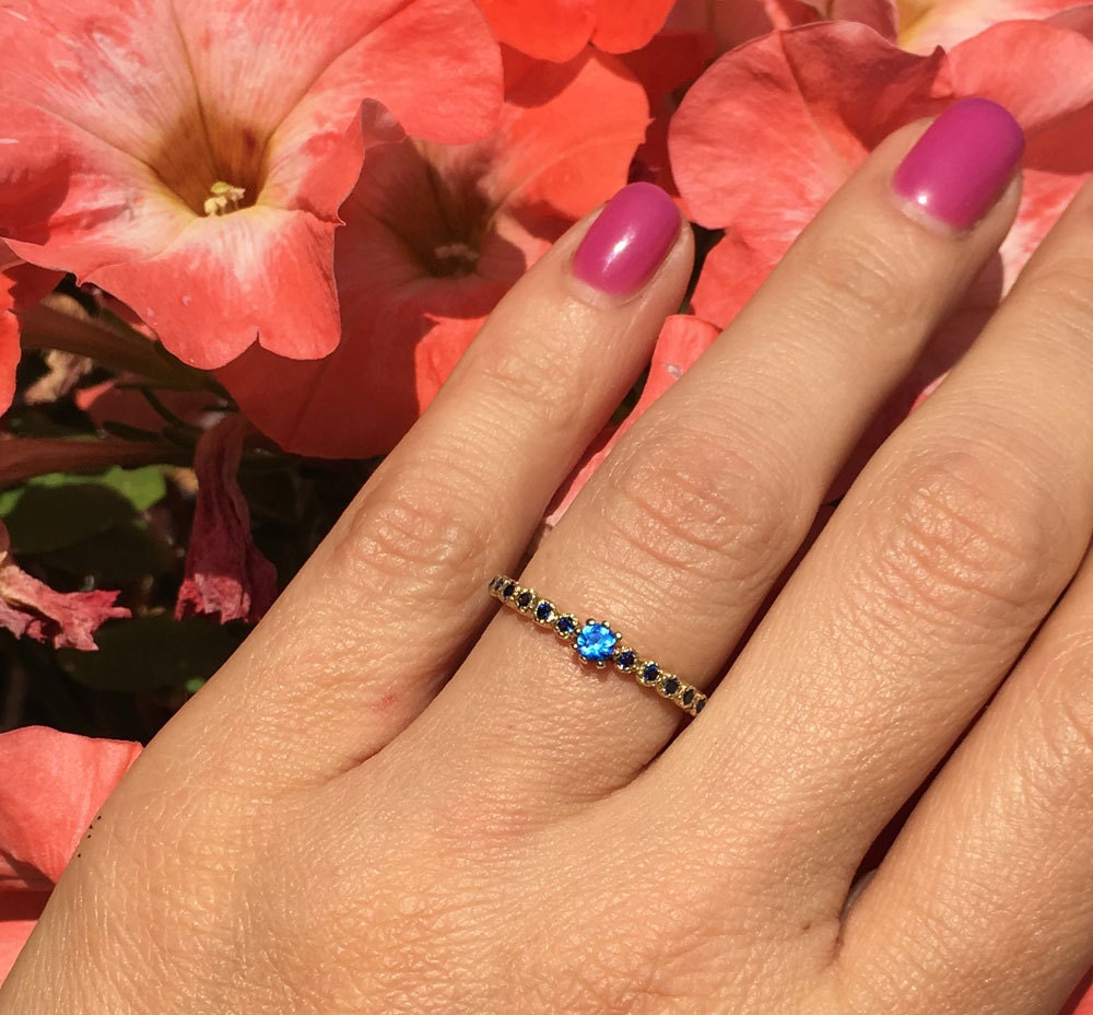 Blue Sapphire Ring - September Birthstone - Delicate Stacking Ring with Thirteen Round Blue Sapphire Gemstones - H.L.Jewelry