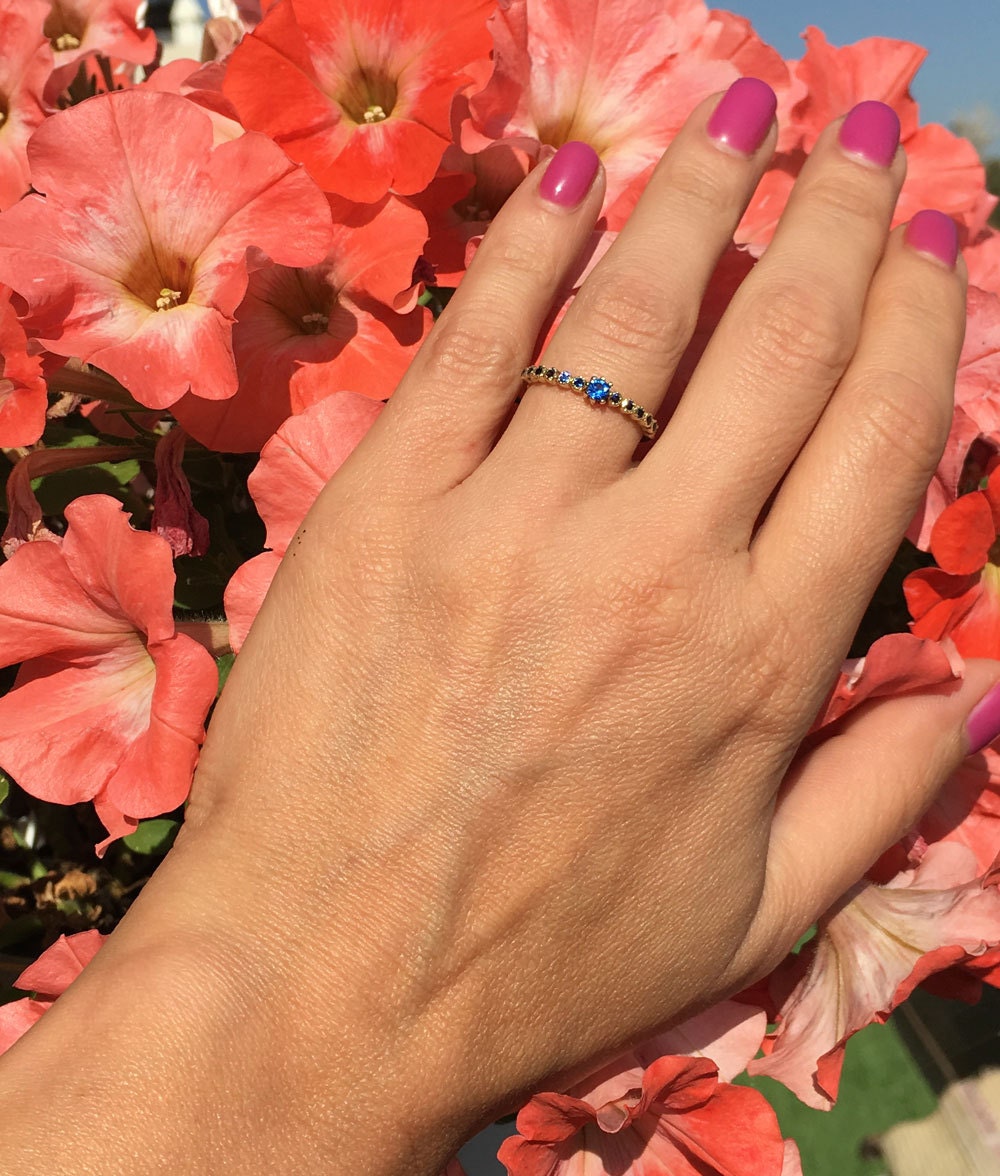 Blue Sapphire Ring - September Birthstone - Delicate Stacking Ring with Thirteen Round Blue Sapphire Gemstones - H.L.Jewelry