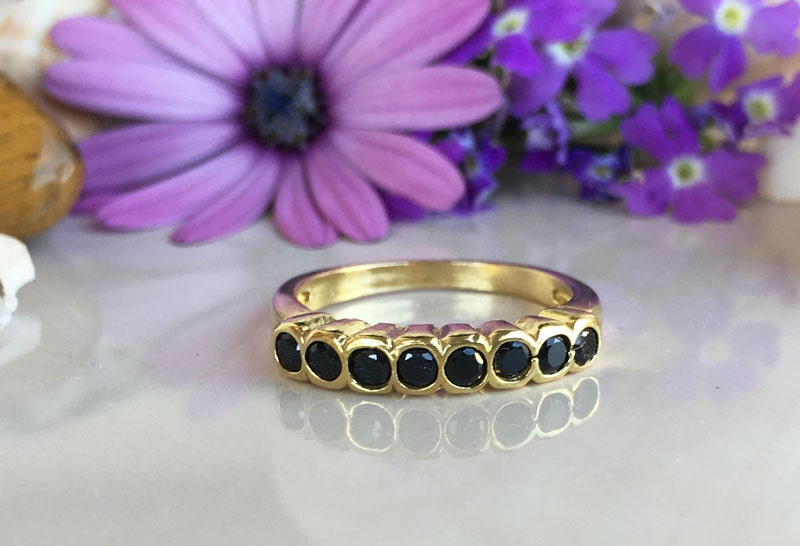 Black Onyx Ring - December Birthstone - Stacking Ring with Eight Round Black Onyx Gemstones - H.L.Jewelry