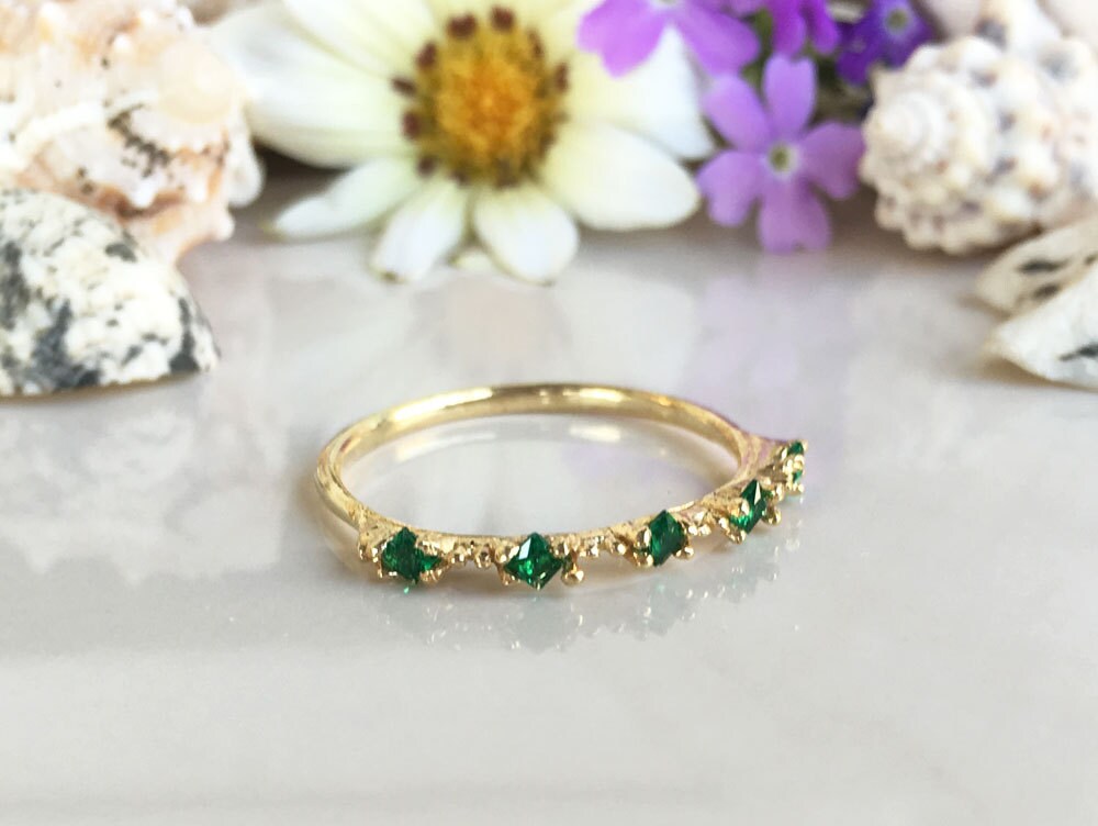 Emerald Ring - May Birthstone - Stacking Ring with Five Square Emerald Gemstones - H.L.Jewelry