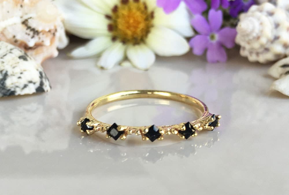 Black Onyx Ring - December Birthstone - Stacking Ring with Five Square Black Onyx Stones - H.L.Jewelry