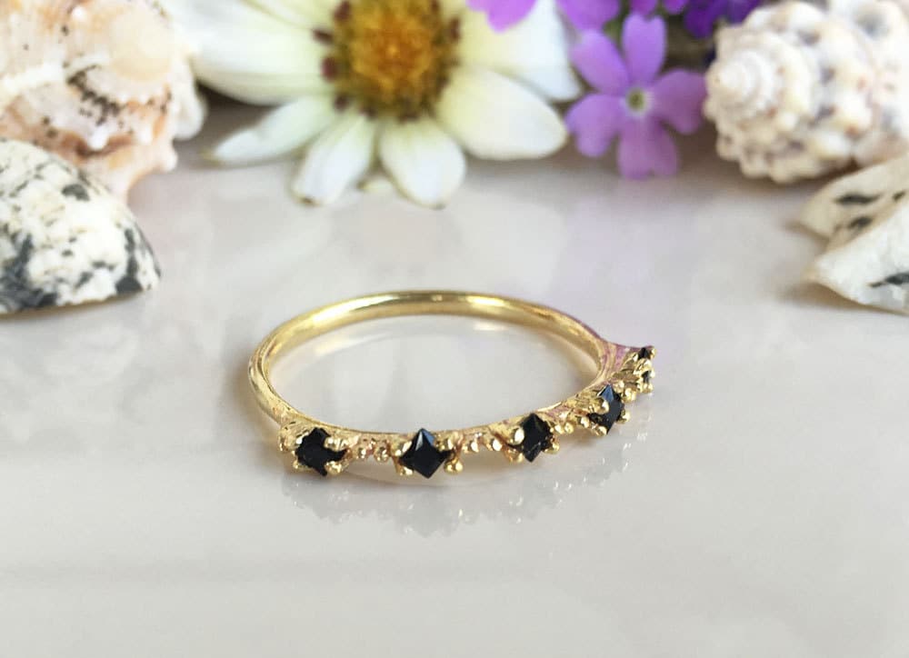 Black Onyx Ring - December Birthstone - Stacking Ring with Five Square Black Onyx Stones - H.L.Jewelry