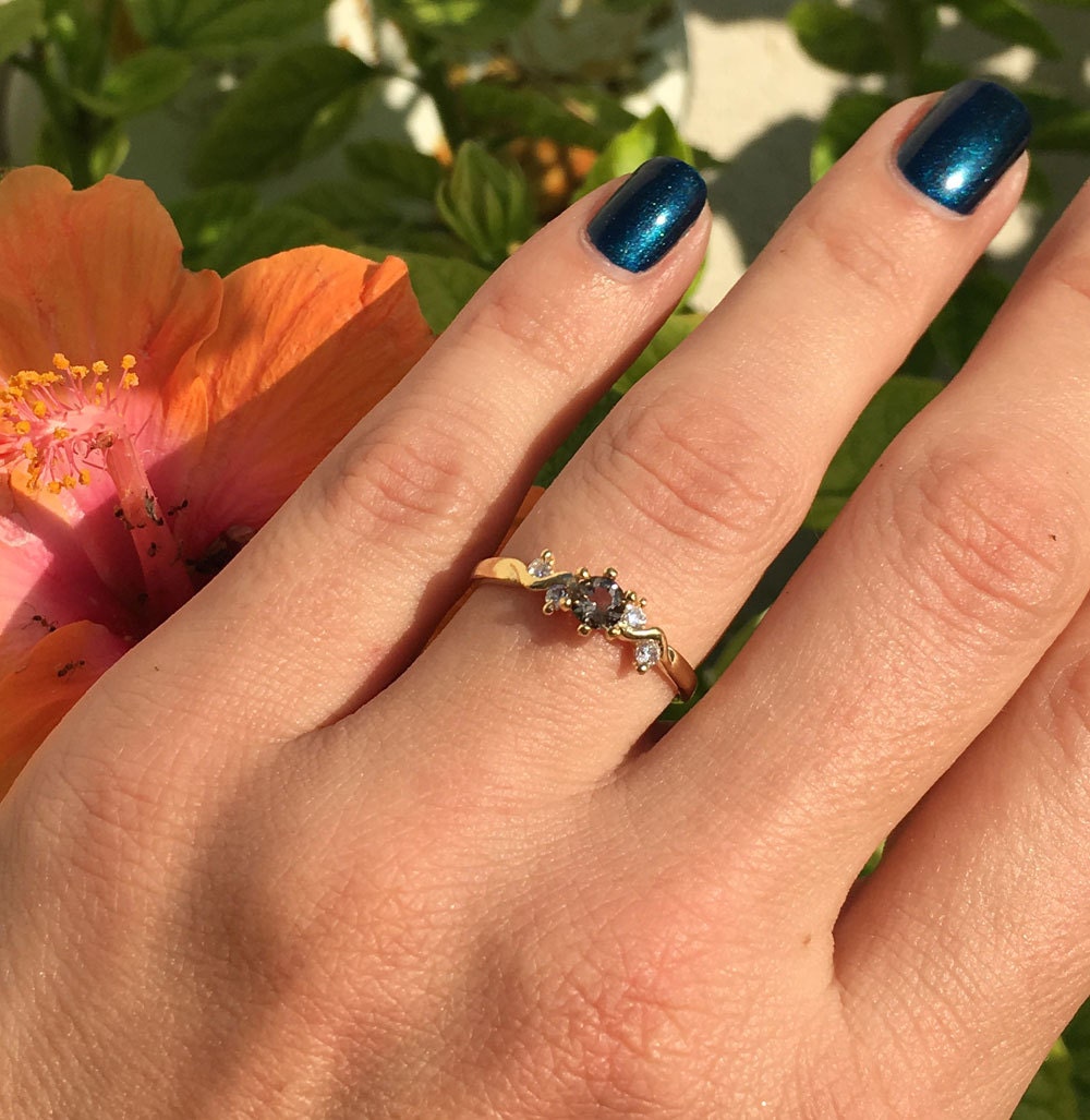 Smoky Quartz Ring - Round Smoky Quartz Gemstone Delicate Ring with Clear Quartz Accents - H.L.Jewelry