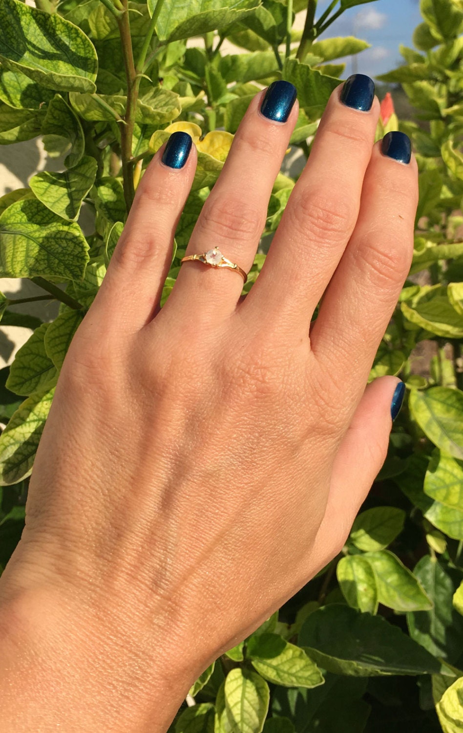 Rainbow Moonstone Ring - June Birthstone - Round Rainbow Moonstone Simple Delicate Ring - H.L.Jewelry