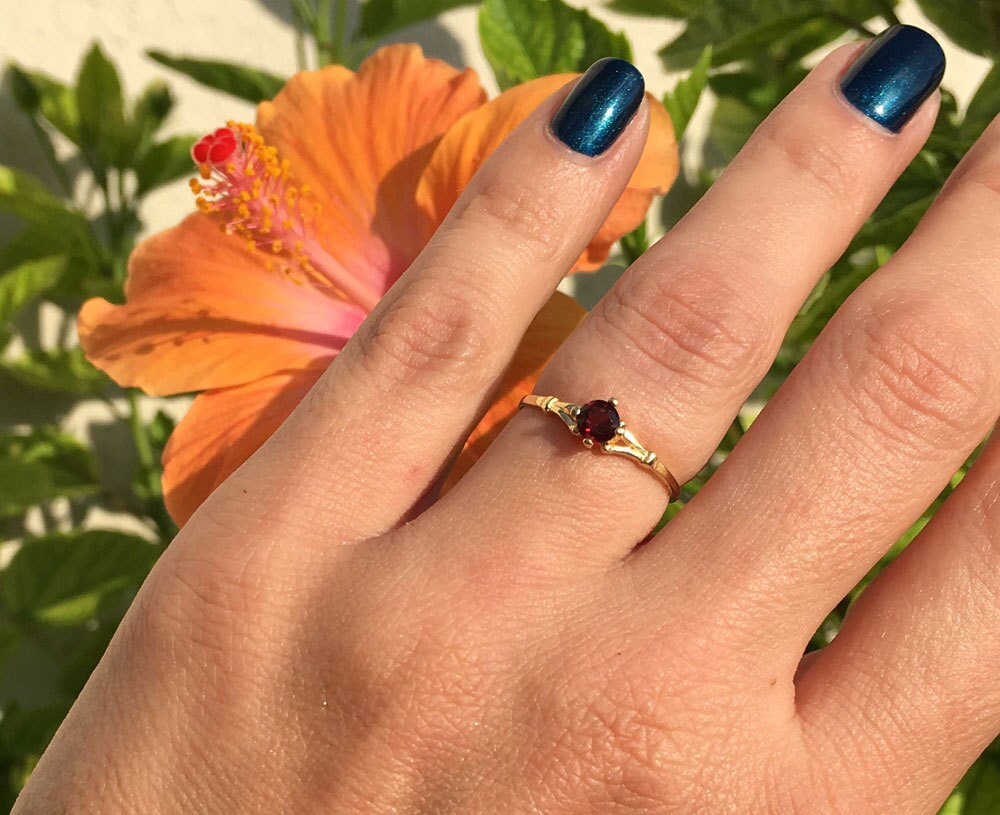 Red Garnet Ring - Genuine Gemstone  - January Birthstone - Dainty Ring - Tiny Ring - Slim Band - Simple Ring - Gold Ring - Delicate Ring - H.L.Jewelry