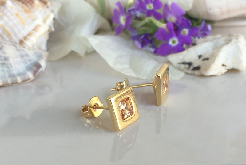 Citrine Earrings - November Birthstone - Simple Square Stud Earrings with Citrine Gemstones - H.L.Jewelry