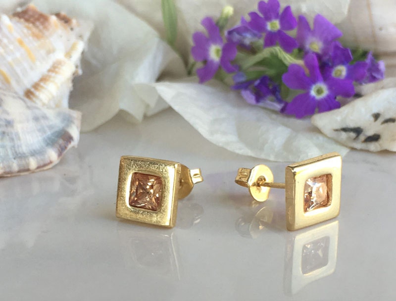 Citrine Earrings - November Birthstone - Simple Square Stud Earrings with Citrine Gemstones - H.L.Jewelry